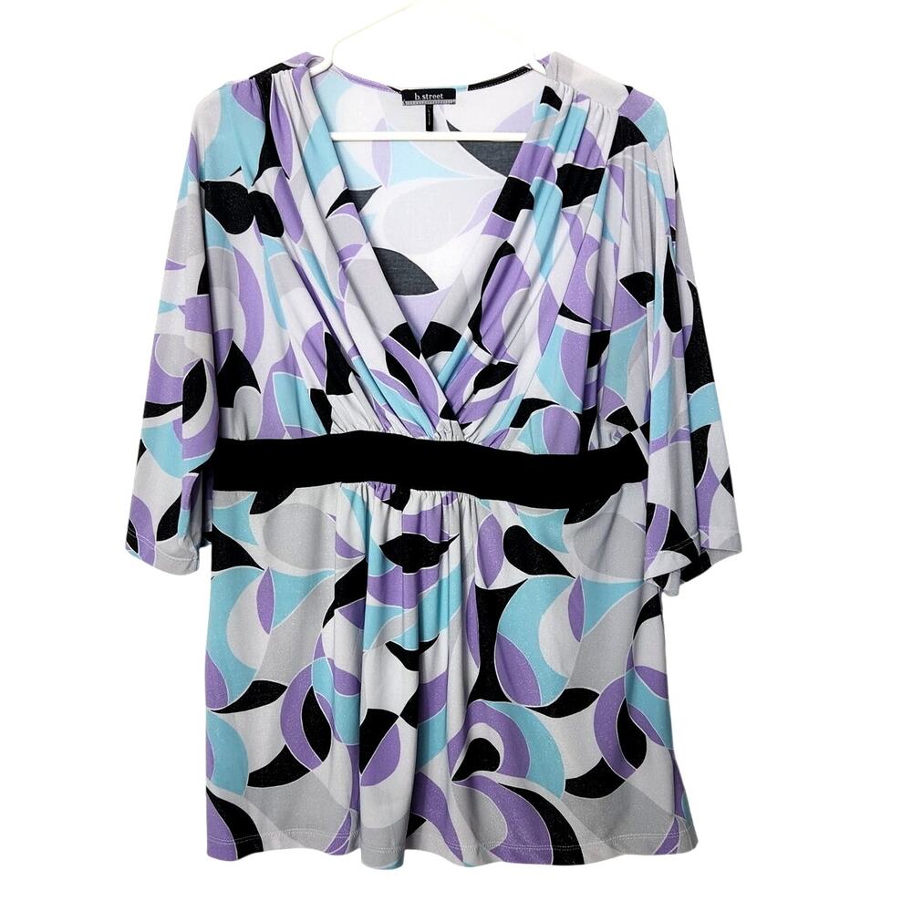 B. Street Colorful Abstract Print 3/4 Sleeves Faux Wrap Tunic Blouse Top Large